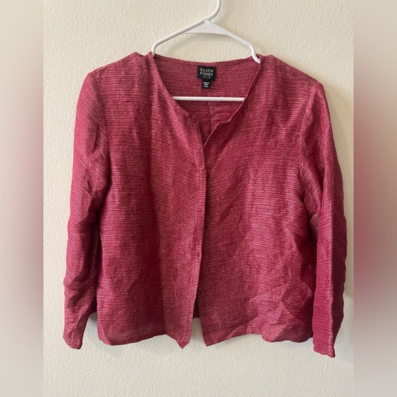 Eileen fisher red woven silk blend button up long sleeve blouse - Picture 1 of 4